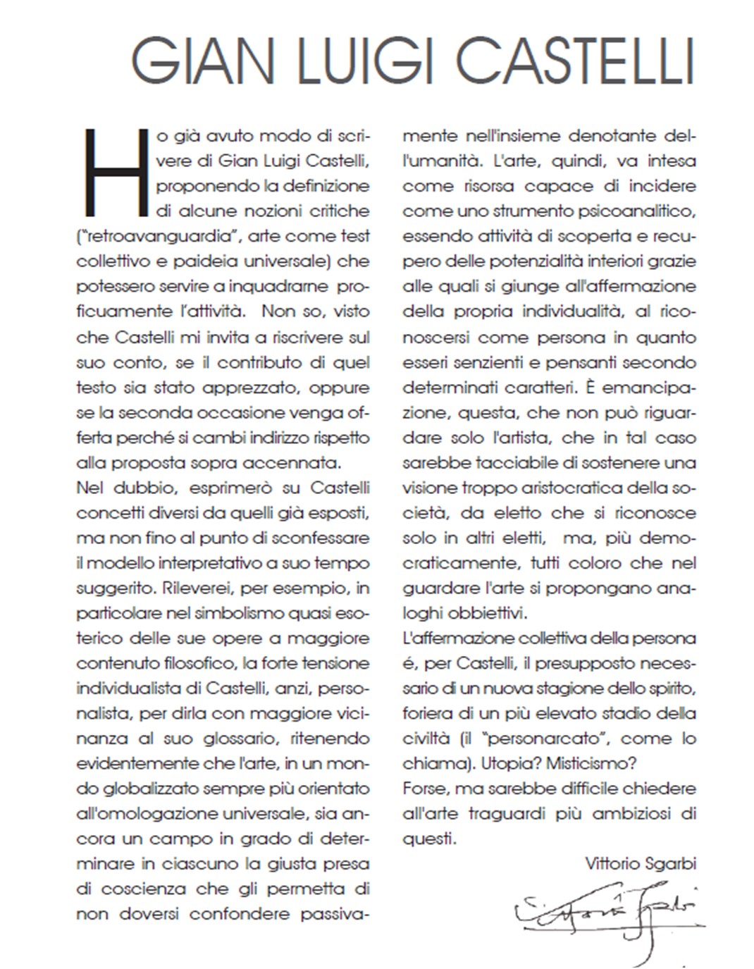 critica del Professore Vittorio Sgarbi del 2018